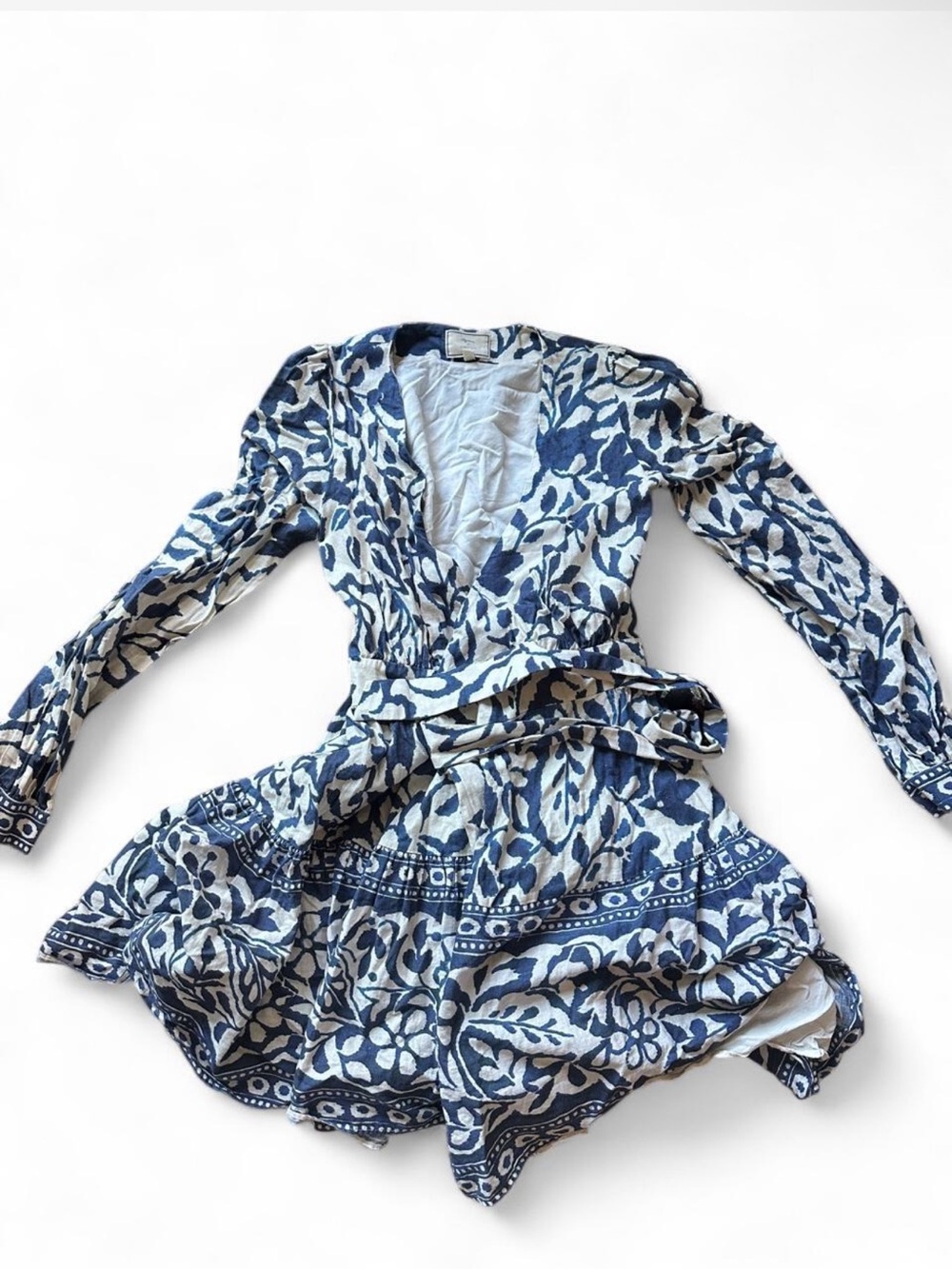 Sezane x momani white and blue floral print dress with ruffle sleeves and a tie